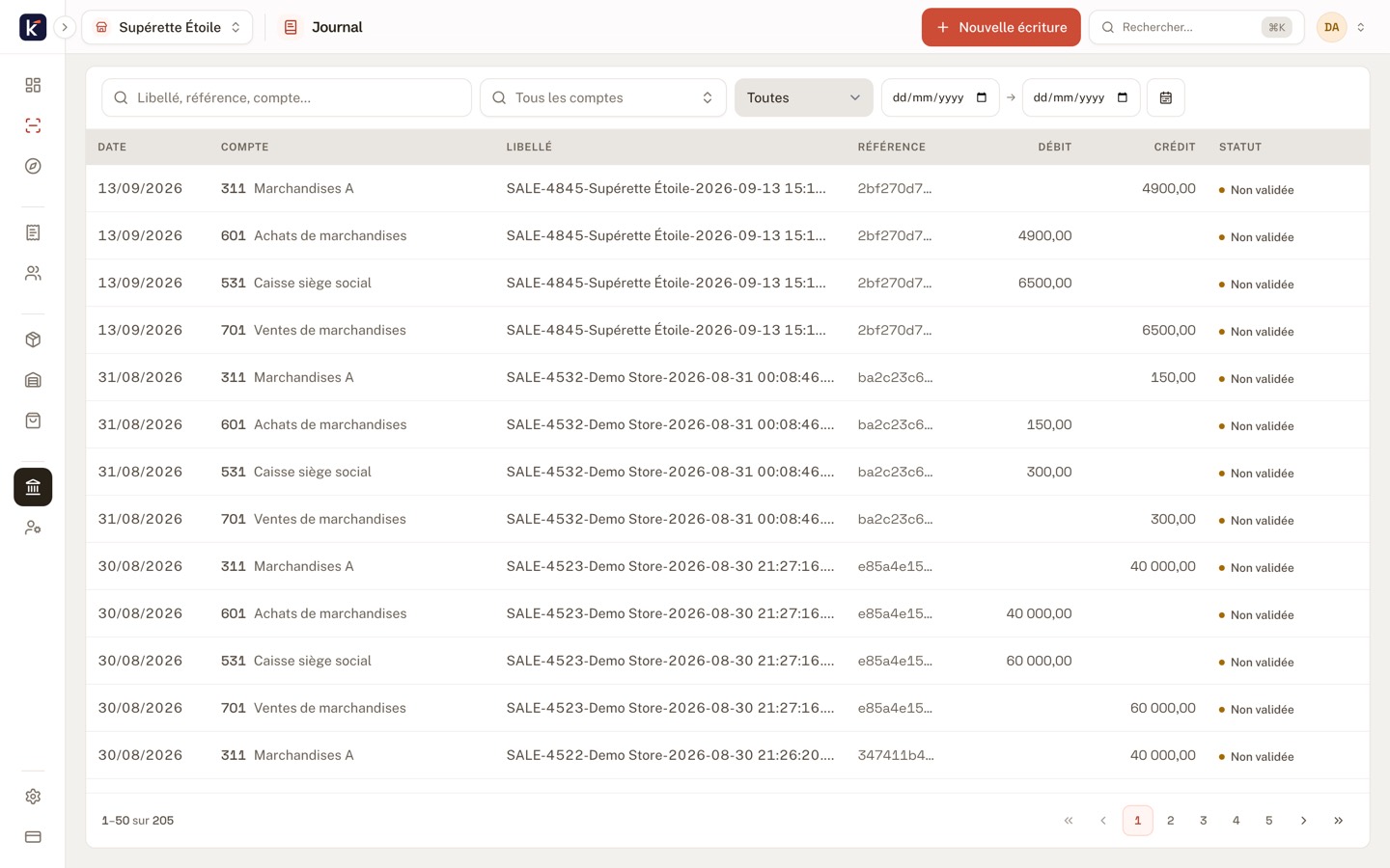 Kimbea’s accounting journal: the sale’s entry, cash 6 500 debited, sales 6 500 credited, cost of goods